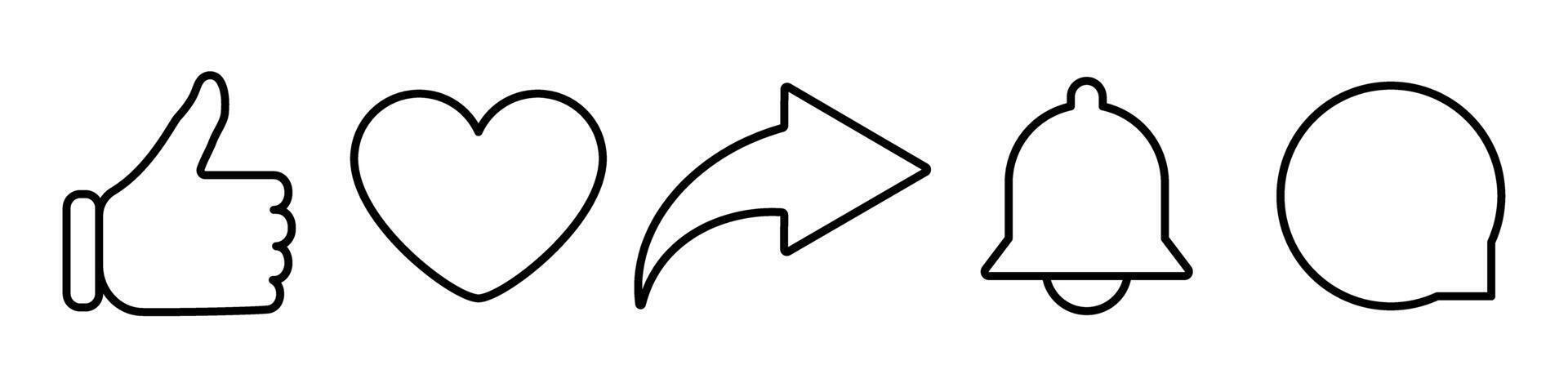 Social media outline icons set including like thumb up, heart, share arrow, notification bell and chat bubble. Editable stroke. Minimalistic black stroke symbols for digital app interface, web design vector
