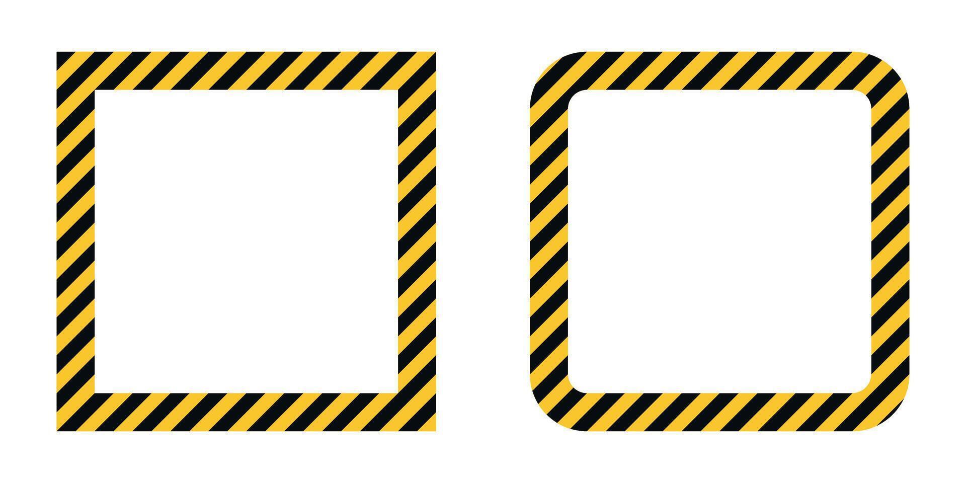 Warning frame set with black and yellow diagonal caution stripes. Hazard square borders with sharp and rounded corners. Safety sign template for construction, danger, restriction, security vector