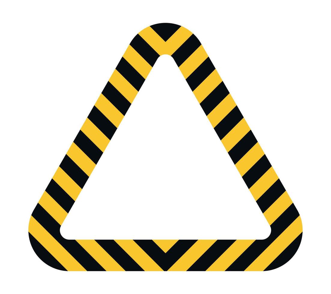 Warning triangle with yellow and black diagonal stripes. Caution sign, danger symbol, safety alert design. Industrial hazard frame for construction, security, prevention protective warning concepts vector