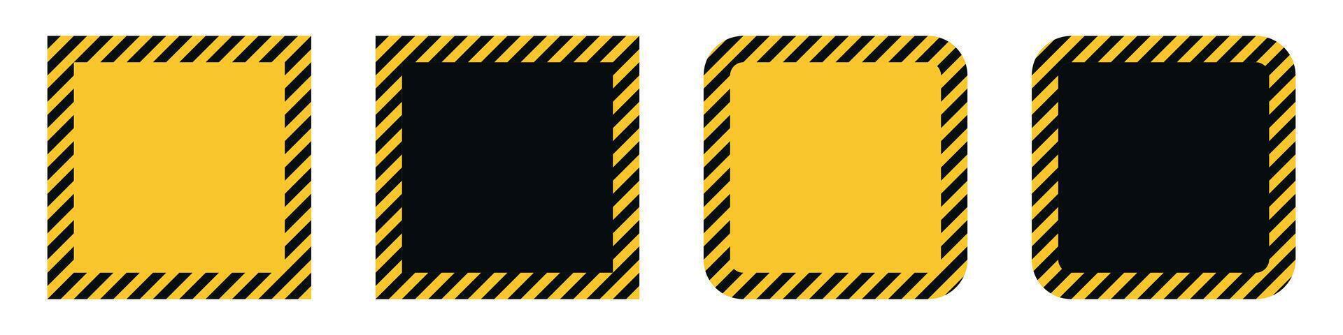 Set of square frames with caution stripes border in yellow and black colors. Industrial warning sign template with rounded and sharp corners. Safety attention symbol for construction and hazard design vector