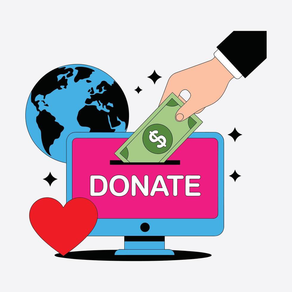 Hand putting money into computer screen with donate text and globe Keywords donate, donation, giving vector