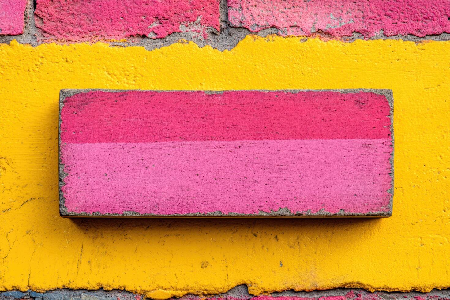 Bright pink and yellow wall with a textured rectangular block display photo