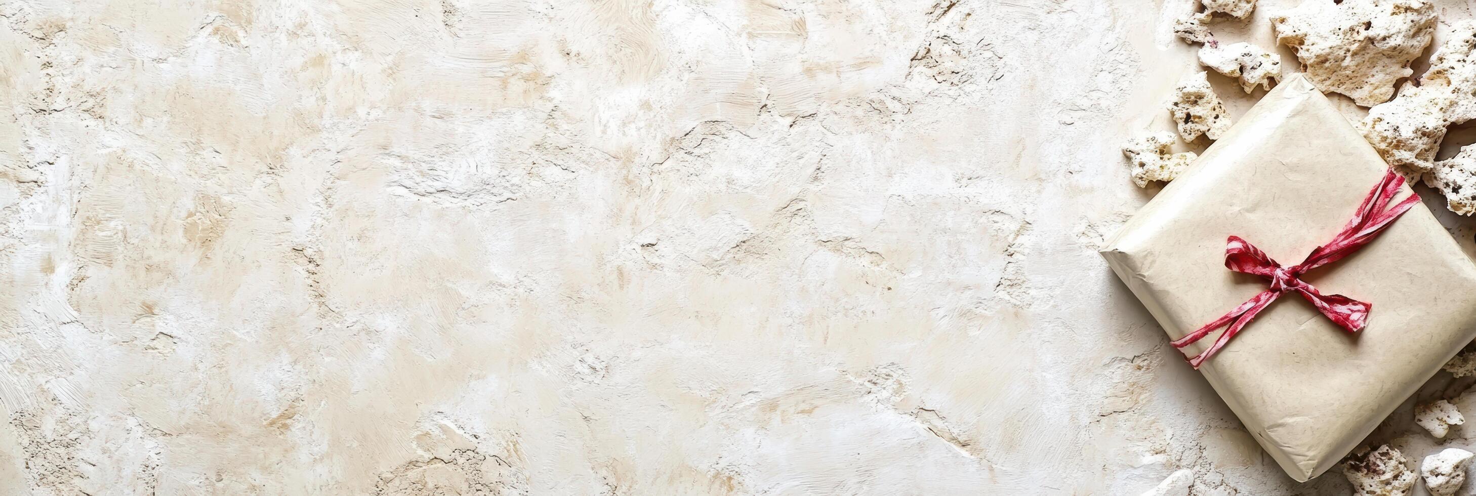 Present wrapped in brown paper with red string on a textured surface photo