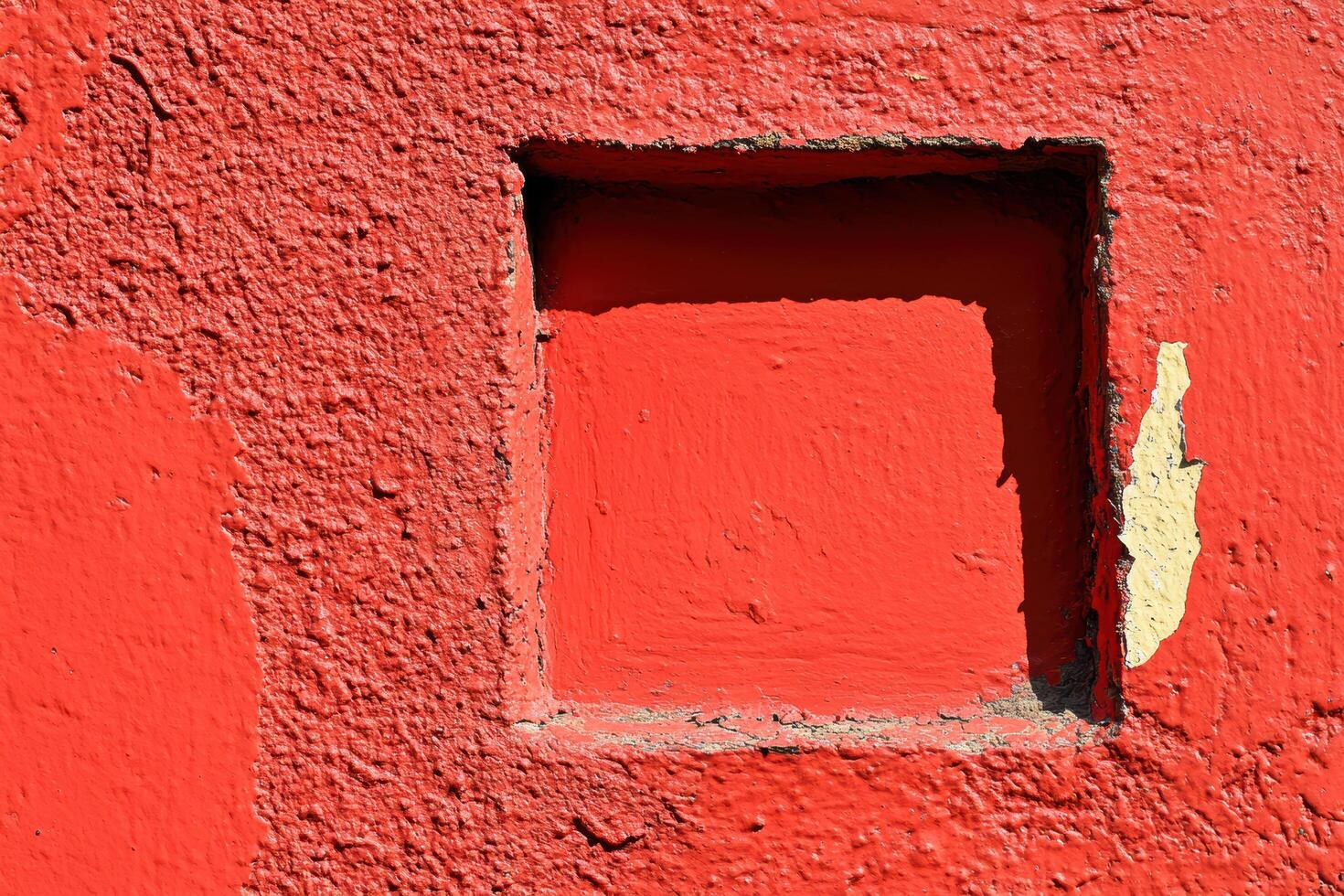 Vivid red wall with a square void and light color patch in urban setting photo