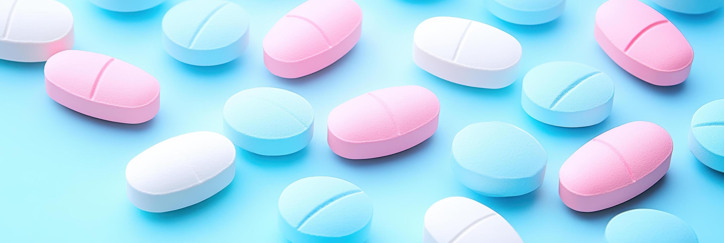 Colorful pills on a blue background arranged in a random pattern photo