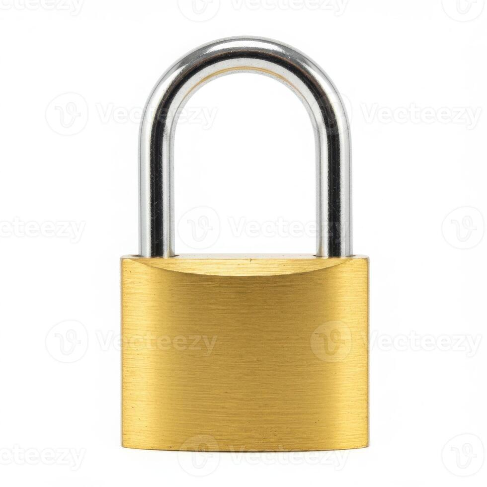 Close up view of a gold padlock with a silver shackle on display isolated on white background photo