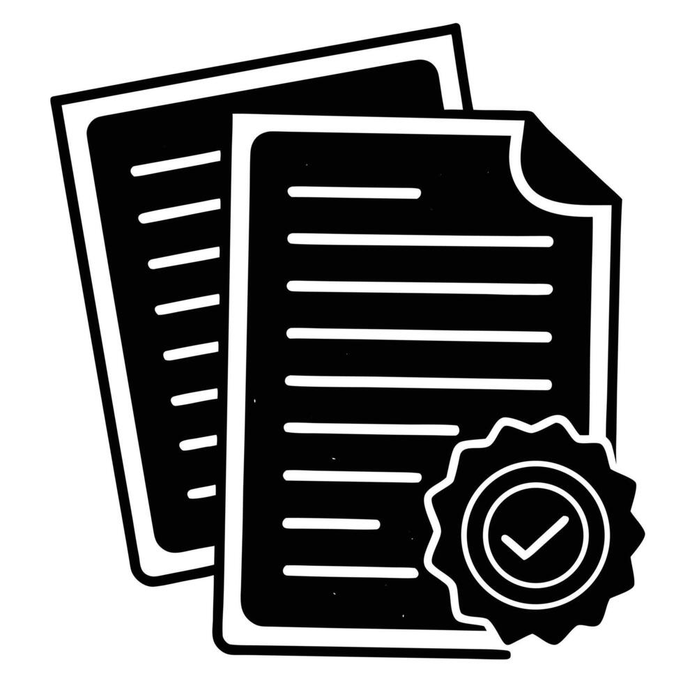 Black and white icon of two documents with a checkmark seal on white background paper approved vector