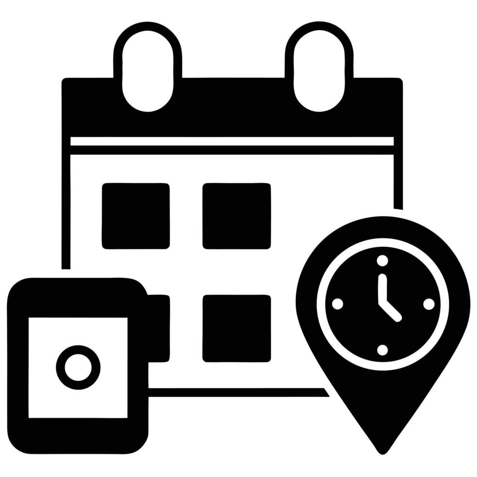 Calendar icon with location pin and clock on white background vector