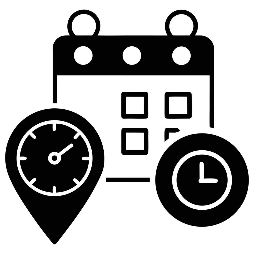 Calendar icon with two location pins and clocks on white background vector