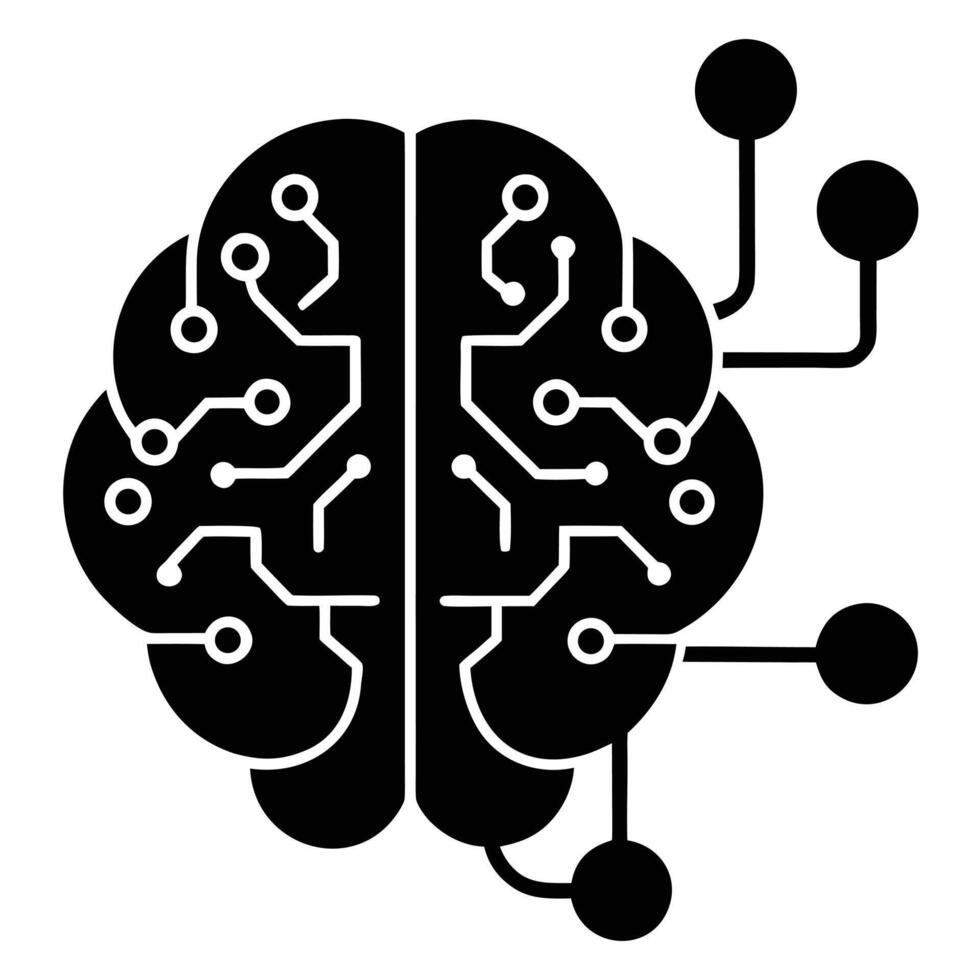Black Silhouette of a Brain with Circuitry and Nodes Representing Artificial Intelligence on White Background vector