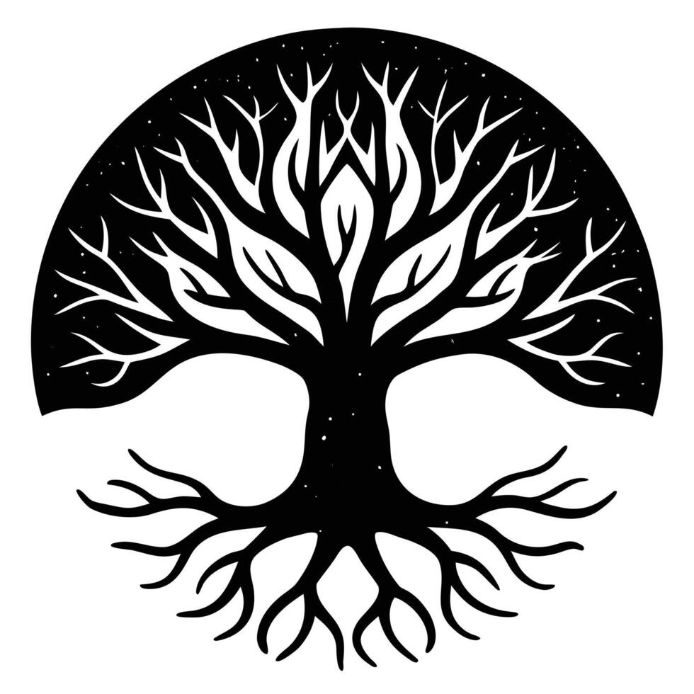 Black Silhouette of a Tree of Life with Intricate Branches and Roots within a Circle on a White Background vector