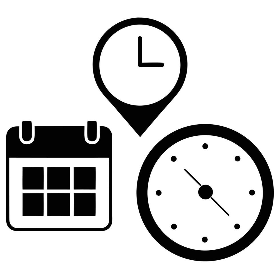 Black icons of a calendar, a clock, and a location pin on a white background time date vector