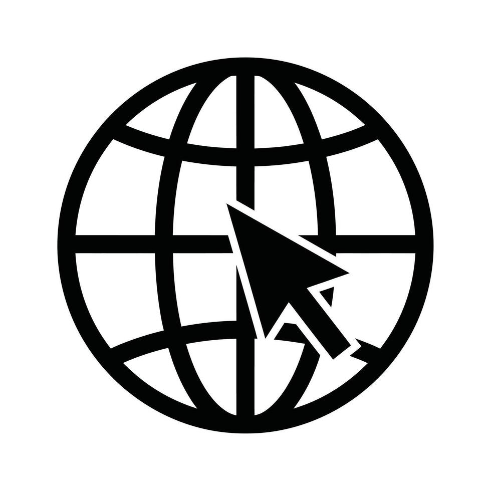 Black icon of a globe with a cursor arrow pointing towards it, representing internet or web access vector