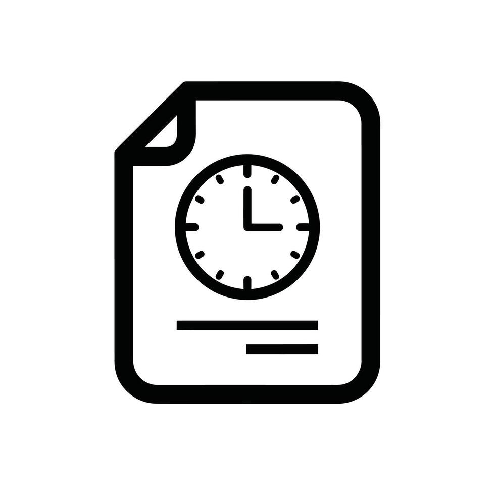 Black outline icon of a document or paper with a clock face and lines of text on a white background vector