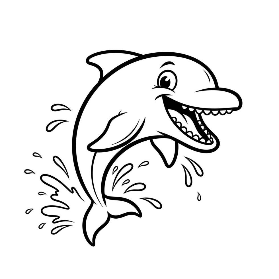 Cartoon Dolphin Jumping Out of Water with Splashes and Happy Expression on White Background leaping vector