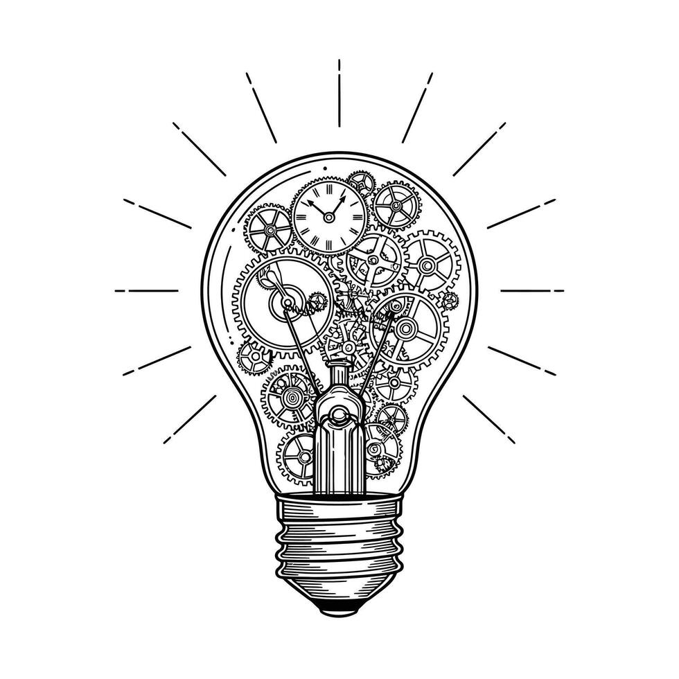 Intricate Line Drawing Of A Light Bulb Filled With Clockwork Gears And A Clock Face idea innovation vector