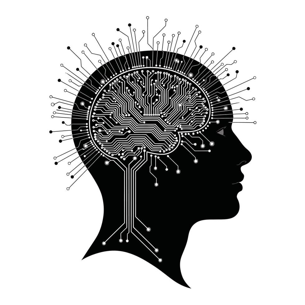 Silhouette of a human head with a circuit board brain and radiating lines on white background vector