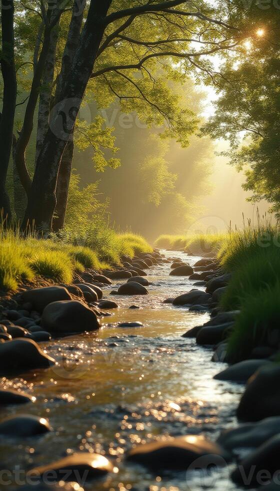 A stream runs through a forest with grass and trees photo