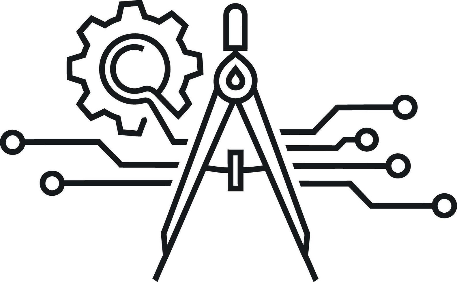 Technical drawing compass icon, minimalist illustration with digital circuit connections, engineering design vector