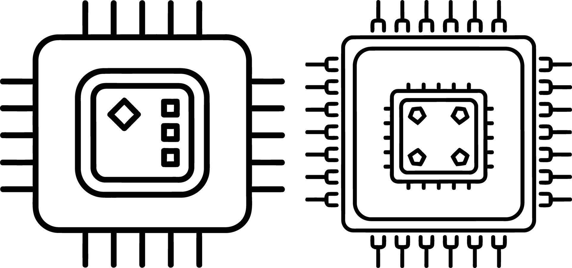 Two outlined computer chips with connection pins, minimalist design for tech graphics vector