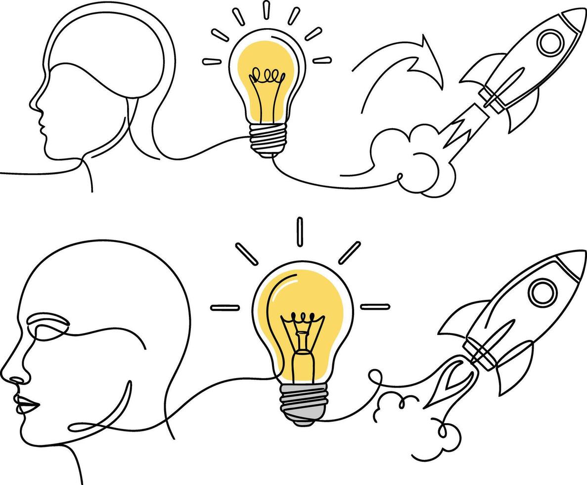 Continuous line drawing of idea leading to rocket launch, simple design vector
