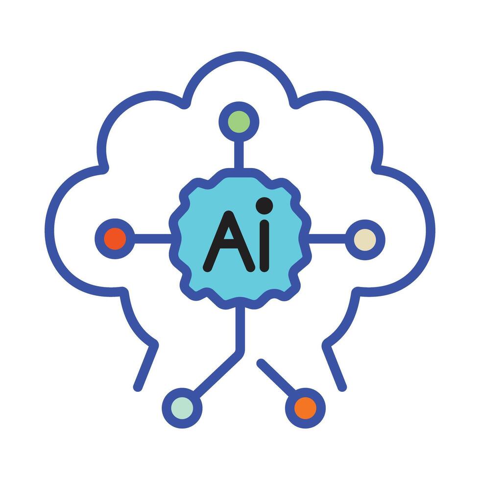 Artificial Intelligence concept icon showing a digital brain in a cloud network. Smart technology and data processing graphic. vector