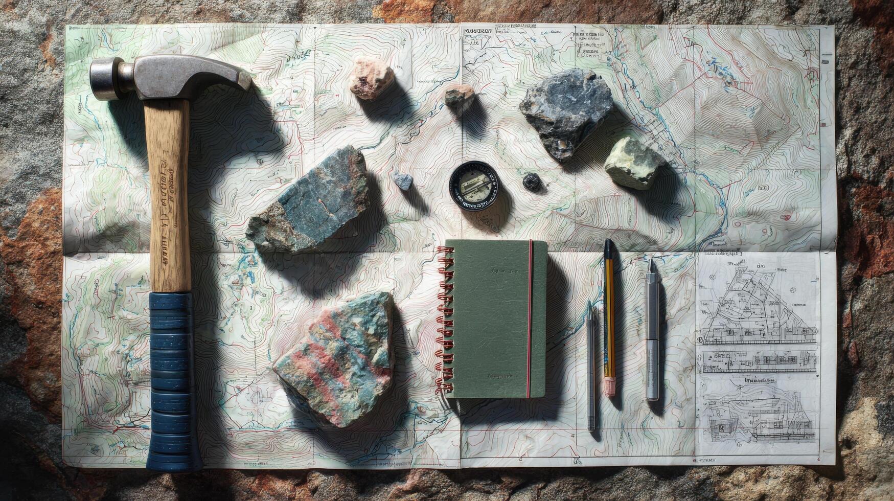 The Field Tools of a Geologist Arranged on a Topographical Map photo