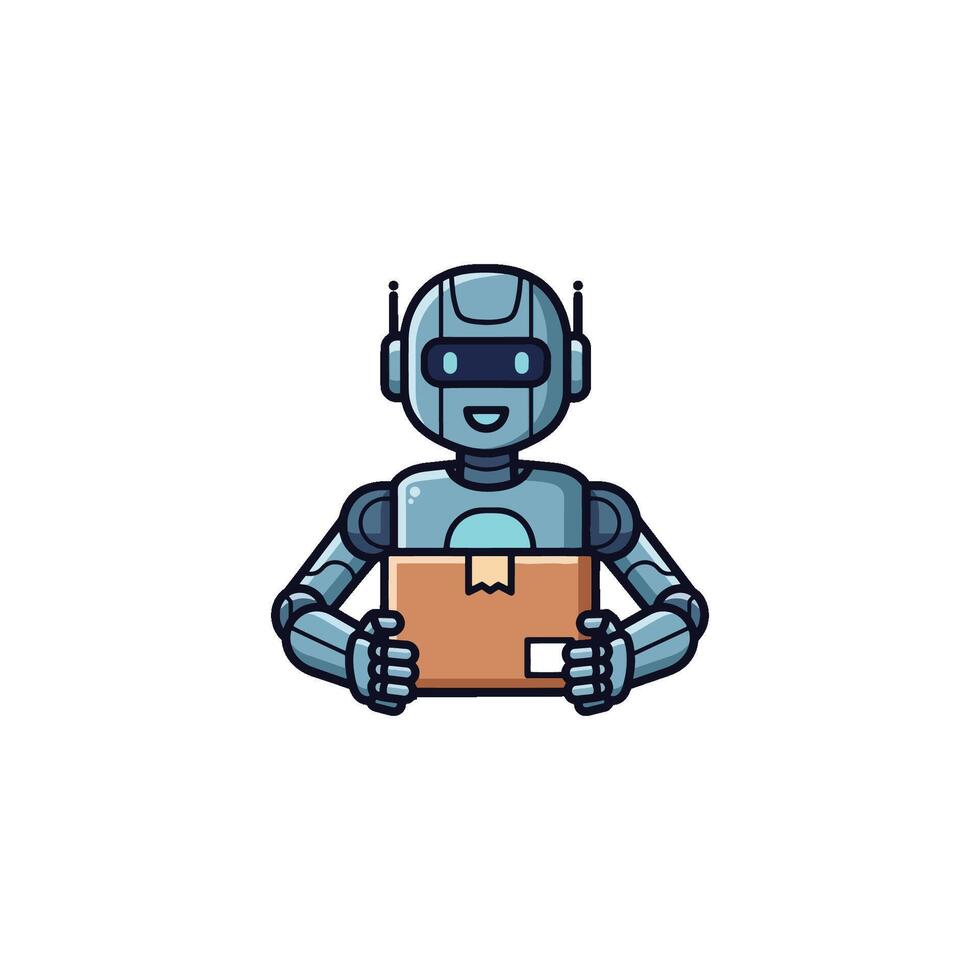 AI robot delivery service with an android bot. This humanoid shows automation in logistics, showcasing artificial intelligence technology for package shipping vector