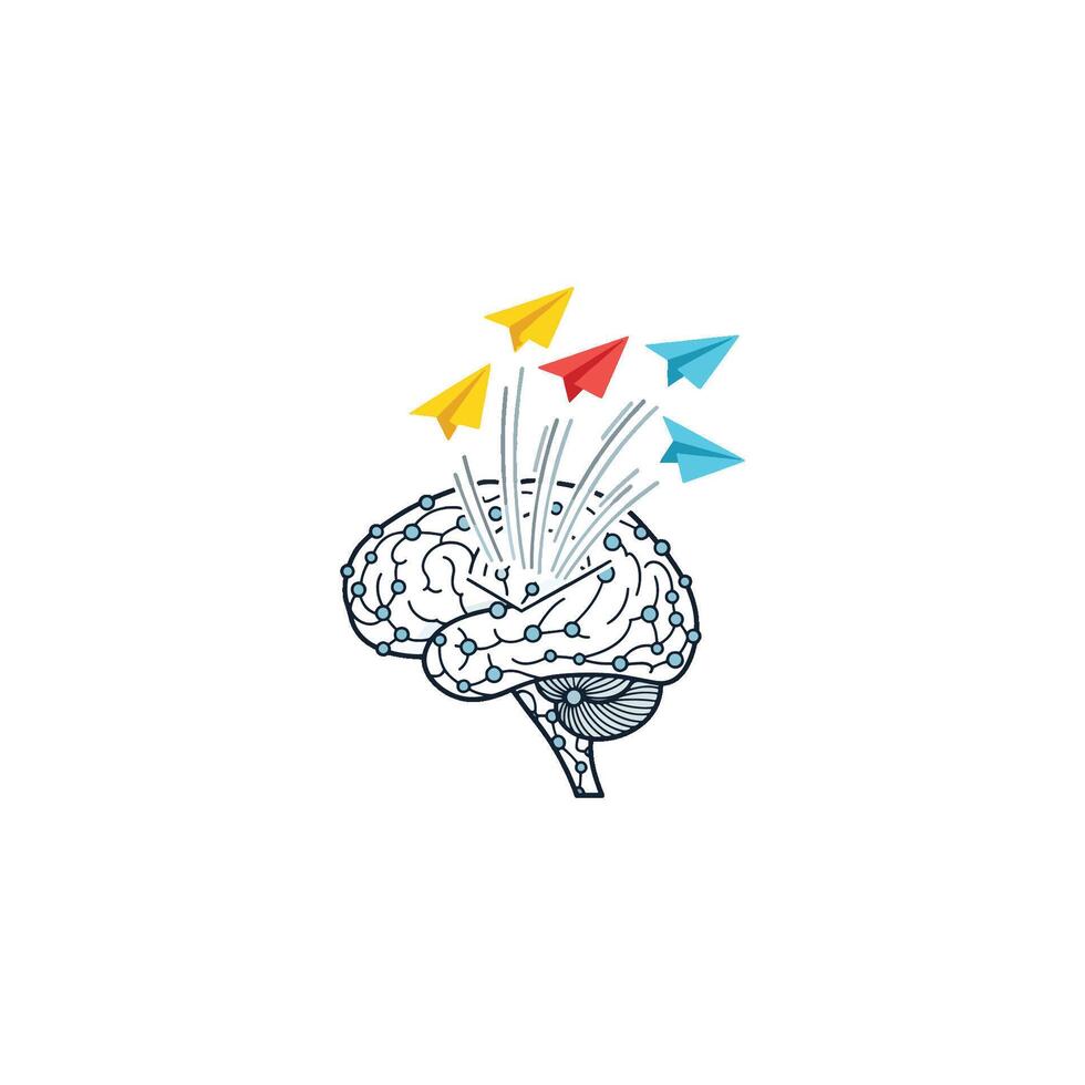 AI Brain clip art with neural tech connection symbolizing artificial intelligence, brainstorming, and imagination for futuristic robotics and psychology. 26 vector