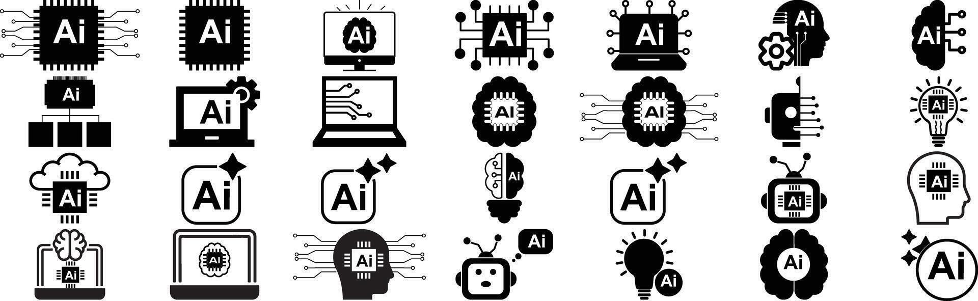 Artificial Intelligence Icons Set with Chip, Brain, and Technology Symbols vector