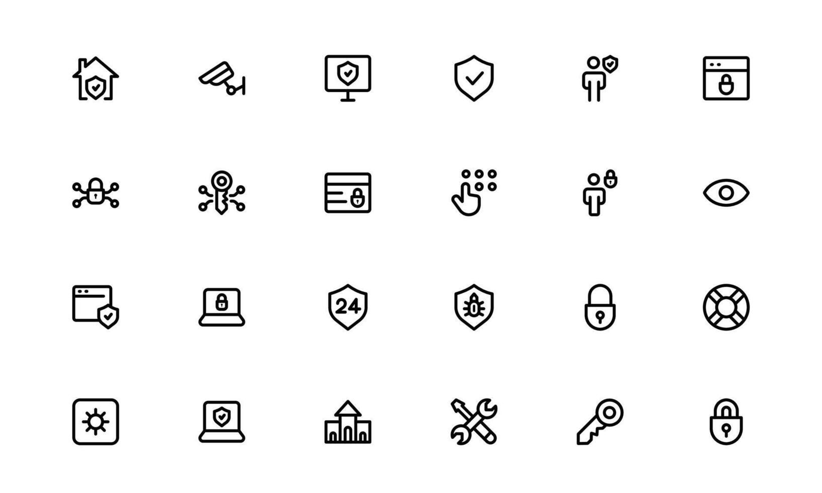 Minimal security system icons with data encryption, CCTV monitoring, smart locks, sirens, and firewalls. Perfect for cybersecurity and surveillance design use vector