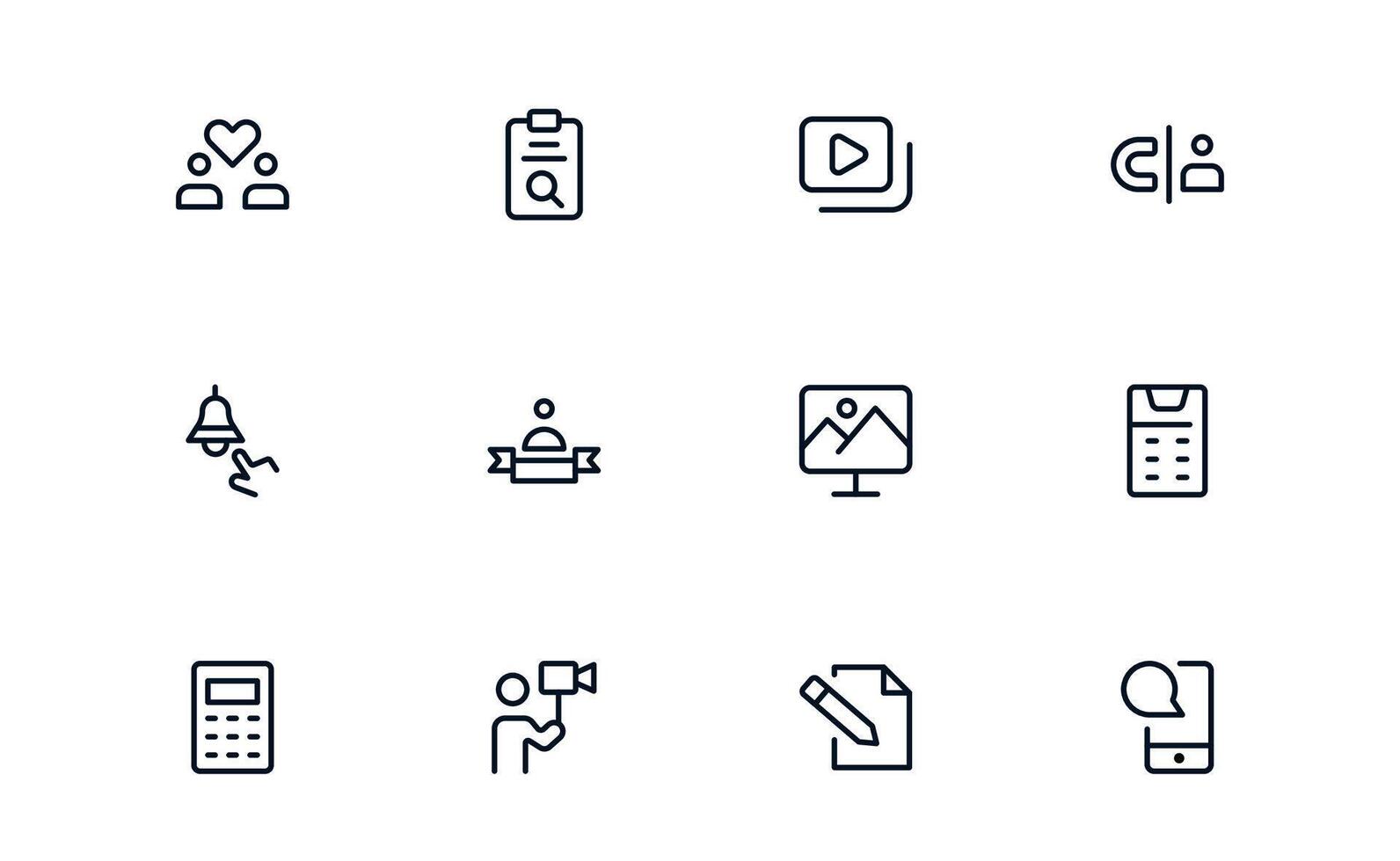Outline and Minimal Content Creation Icons Set. Linear icons for creators, bloggers, and social media managers, ideal for digital and UI projects. vector
