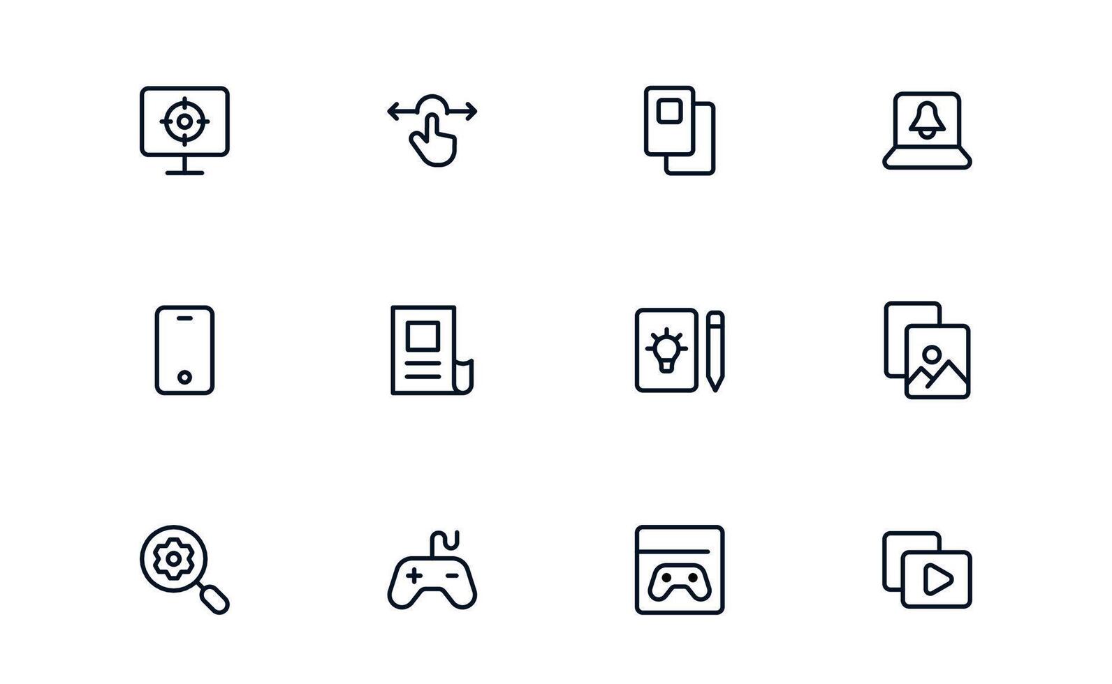 contenido creación íconos en mínimo plano diseño. incluye herramientas para en línea contenido, digital marketing, y producción, Perfecto para web y aplicación interfaces vector