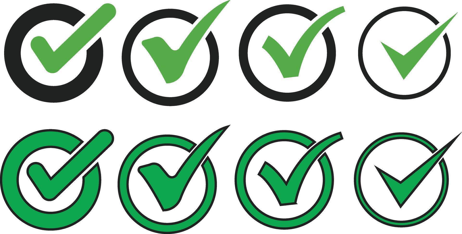 Set of Green Checkmarks in Circles, Symbolizing Approval, Success, and Completion for Projects vector