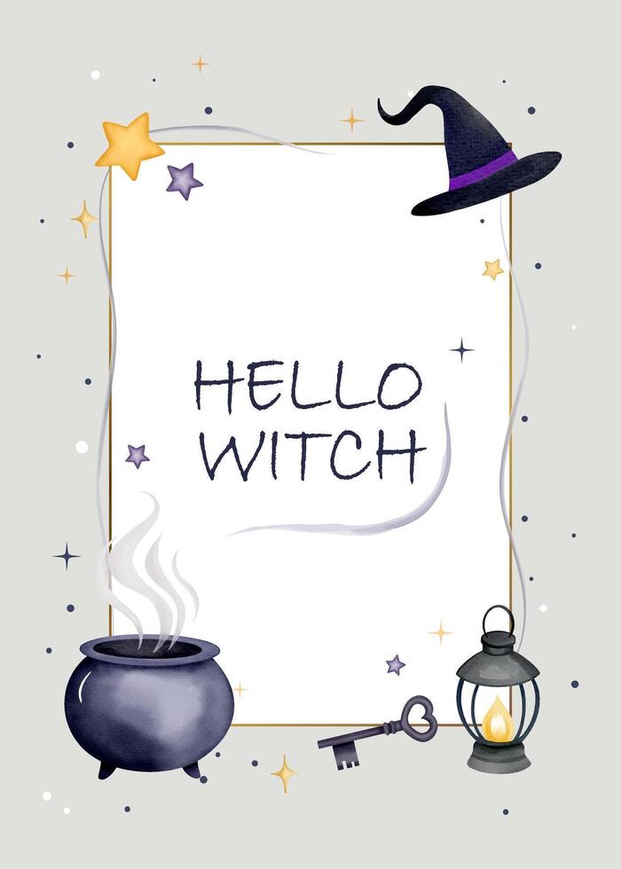 Watercolor halloween frame. Magical design with cauldron potion, lantern, witch hat and text. Mystical style vector