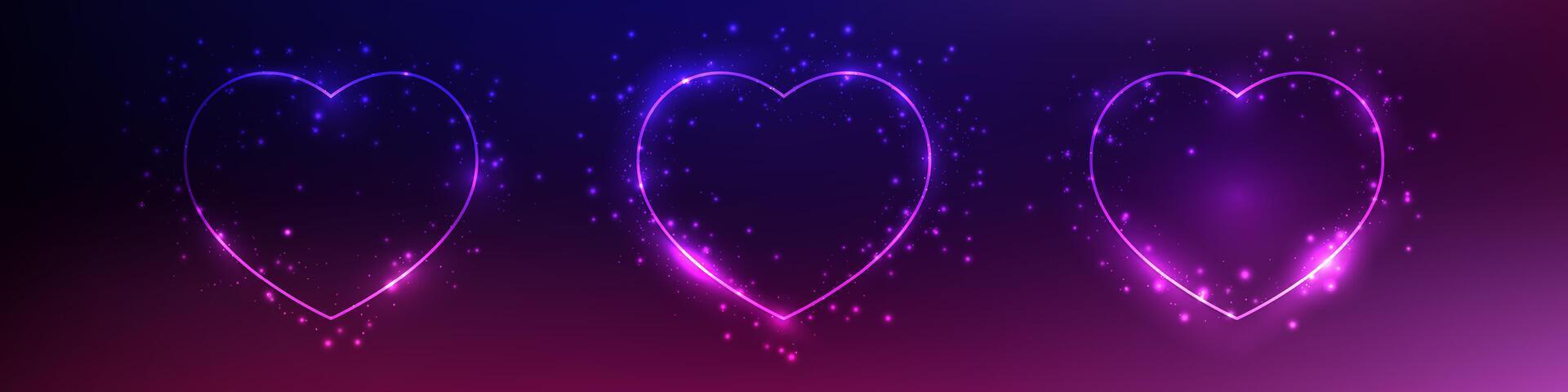 Set of three neon frames in heart form with shining effects and sparkles on dark purple background. Empty glowing techno backdrop. illustration vector