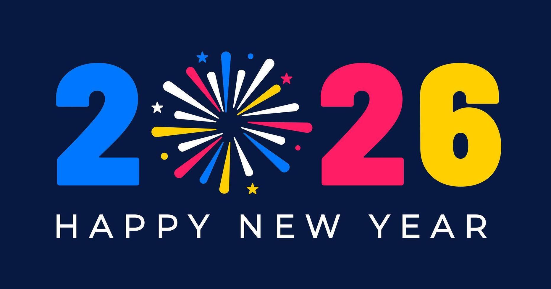 2026 happy new year colorful typography text logo design template with fireworks. Happy New Year 2026 text, use to business template, banners, background, poster, greeting card, and calendar cover. vector