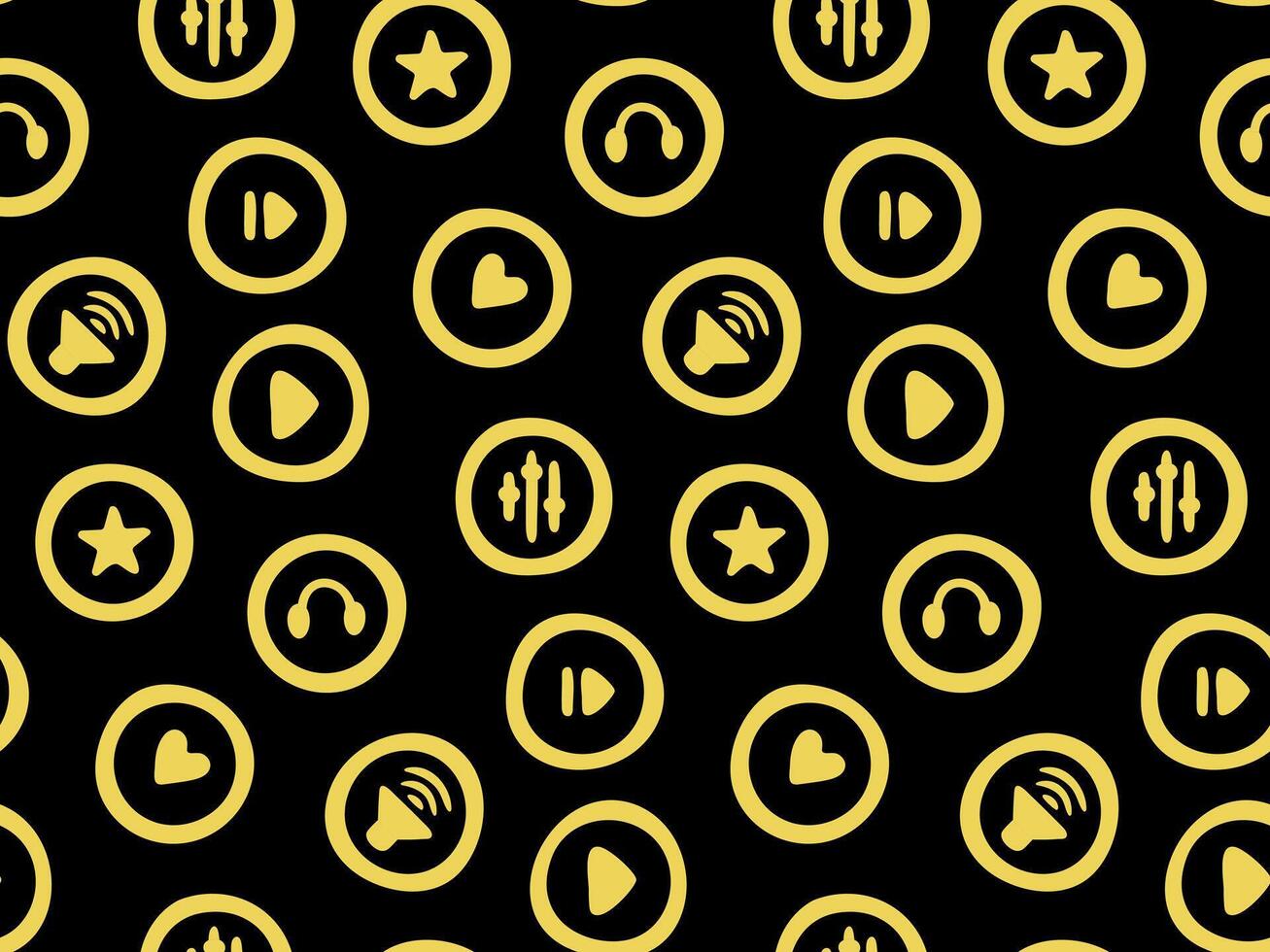 Doodle podcast seamless pattern with icons related to music and audio content, such as play, pause, headphones and star symbols. Media Player Hand Drawn Outline background design for music, vector