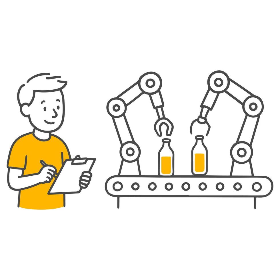 Illustration of an Engineer Character Working with Robotic Arms on a Production Line. vector