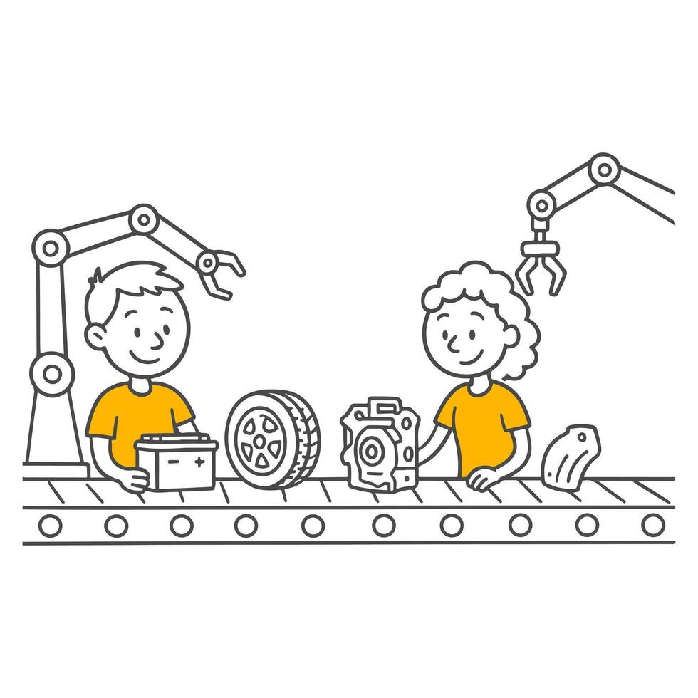 An Illustration Depicting the Part Assembly Process Achieved Through Human and Machine Collaboration. vector