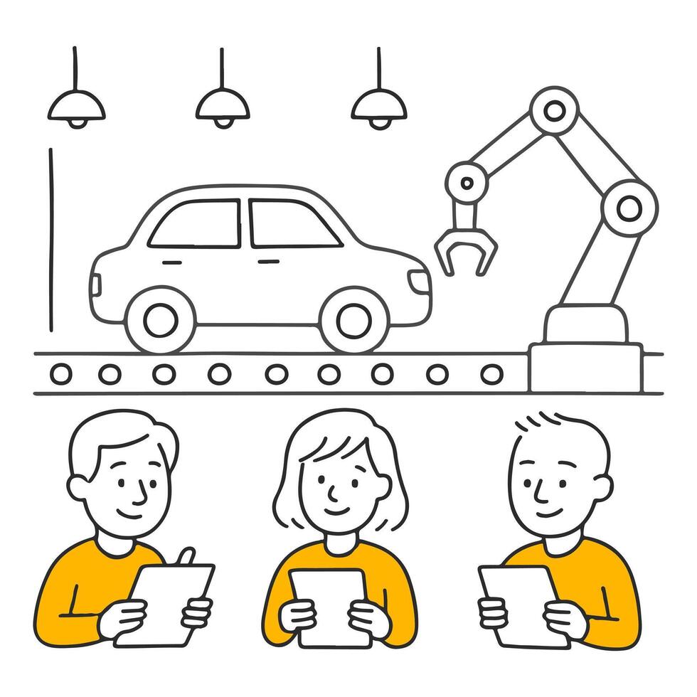 Experts Monitoring the Vehicle Assembly Process Enabled by Smart Automation Technologies on the Production Line. vector