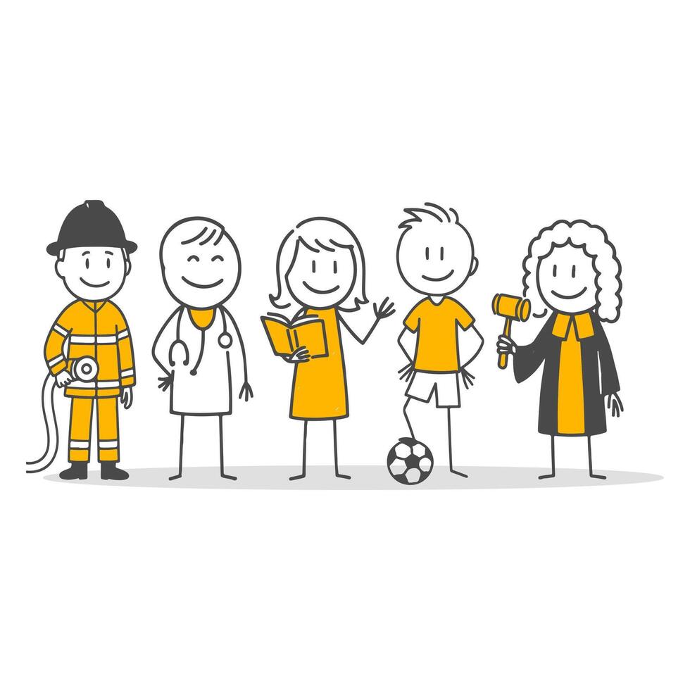 A fun illustration representing diversity and collaboration through characters from different professions. vector