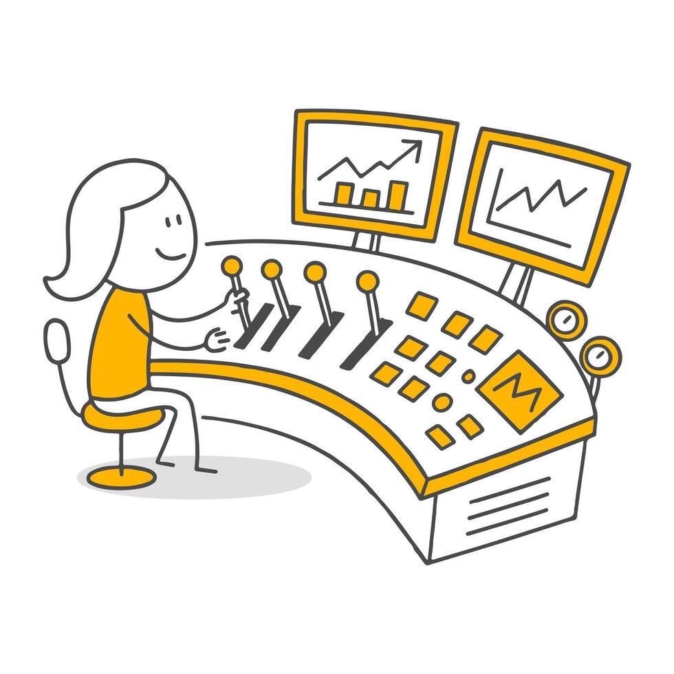 A technological scene depicting a character working with data at a control panel. vector