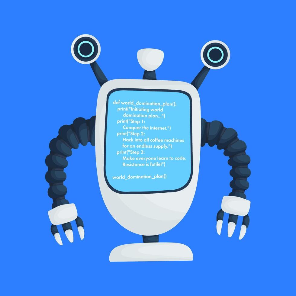 cibernético esquema, fase uno programación animado robot para global conquista. vector