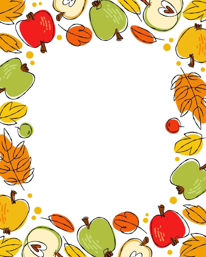 The apples and leaves frame design features colorful hand drawn sketchy style design elements. General mood is whimsical and warm. Suitable for stationery and seasonal decor. vector