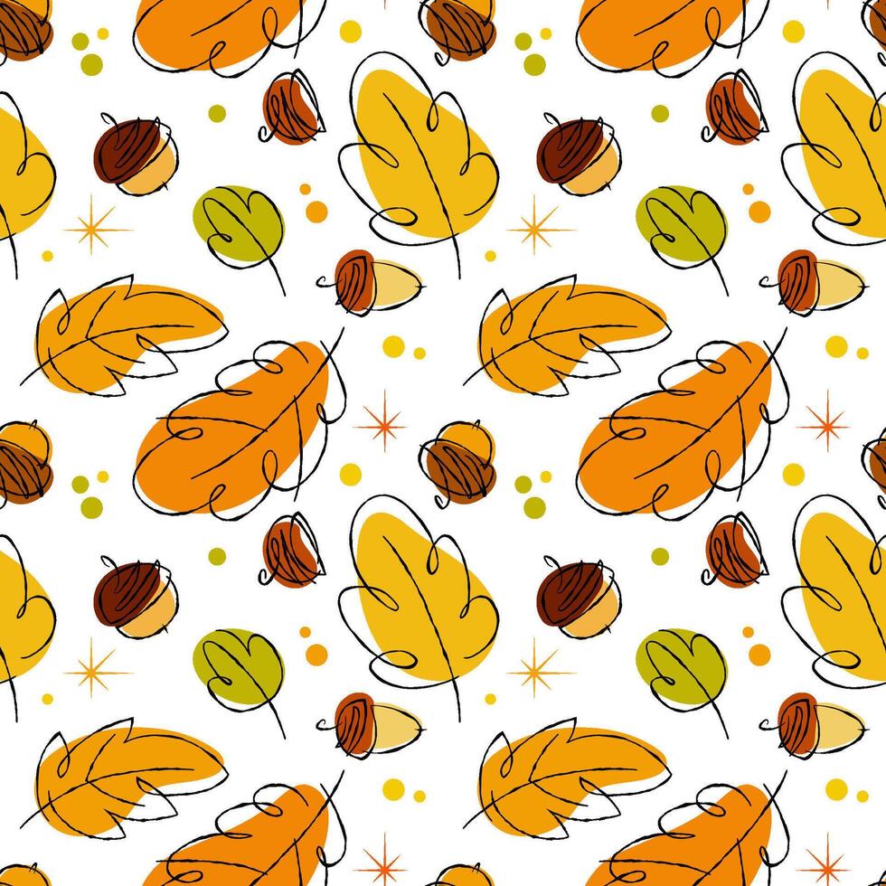 Autumn and forest themed seamless pattern with leaves, acorns and stars in retro sketching style. The color palette features bright oranges, yellows, and greens. Mood is cheerful and whimsical vector