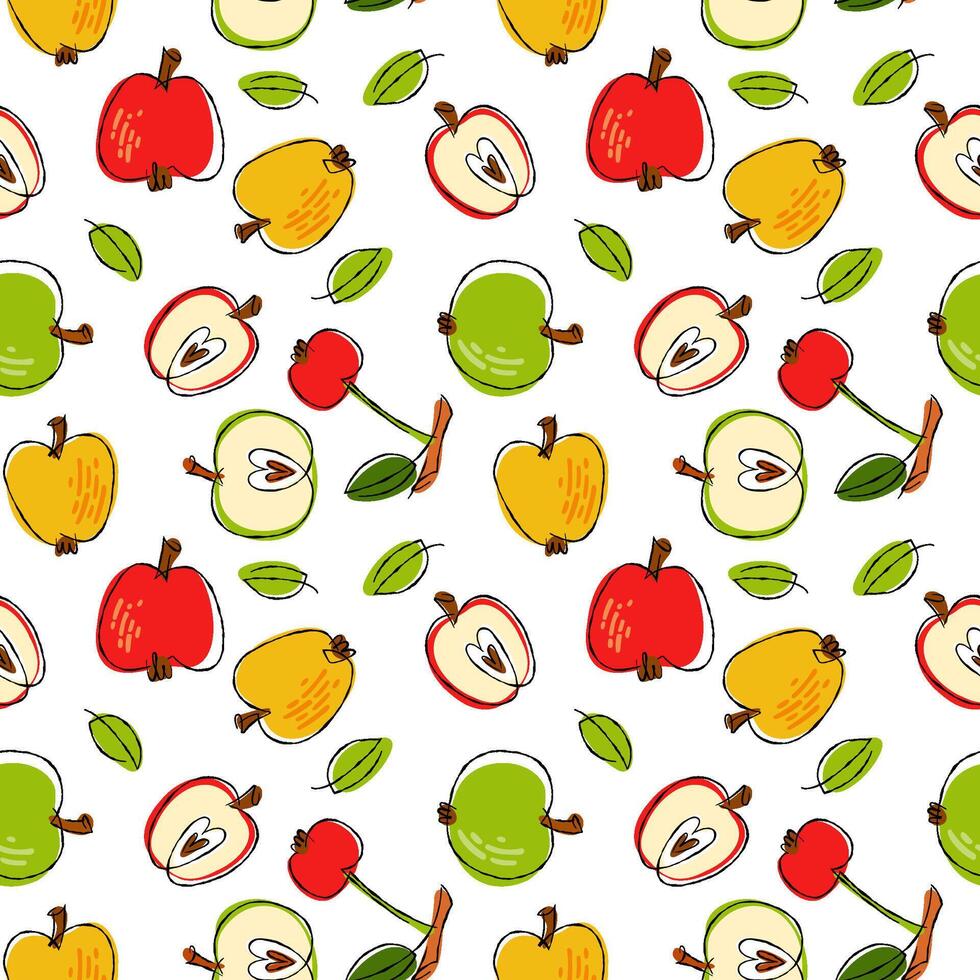 Harvest themed seamless pattern with various apples. The sketchy retro style illustrations with playful mood. Vibrant color palette features red, green, yellow. For seasonal designs and decorations. vector