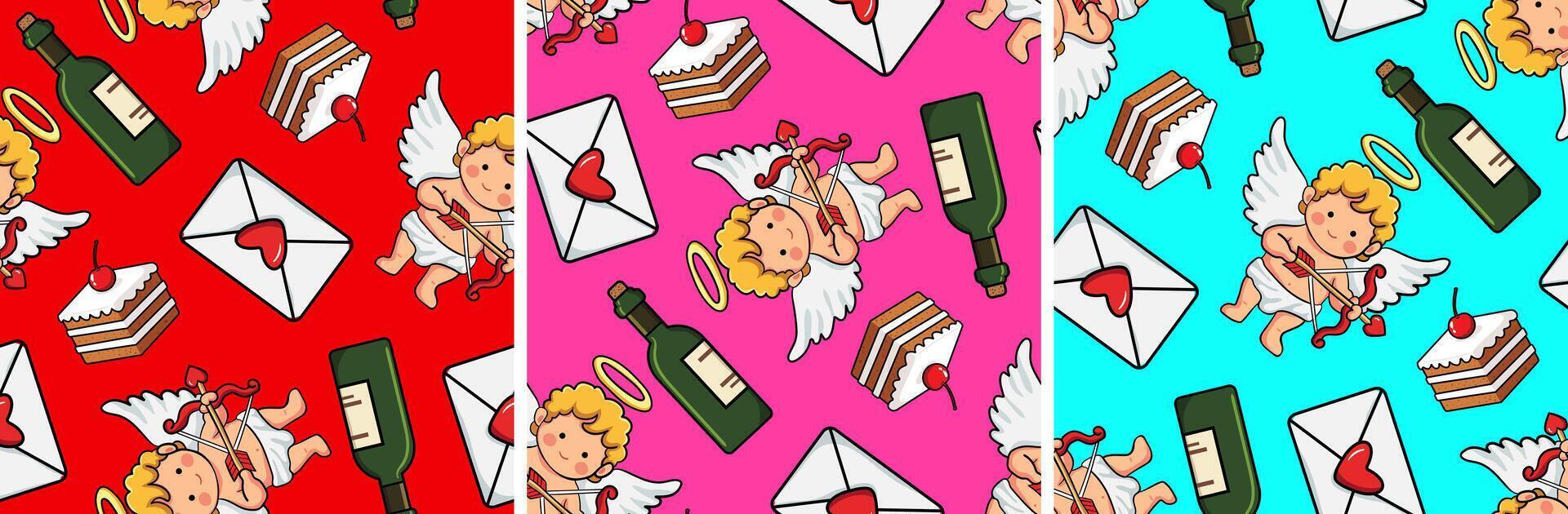 three seamless patterns for valentines day featuring cupid a wine bottle an envelope and cake slices on red pink and blue backgrounds vector