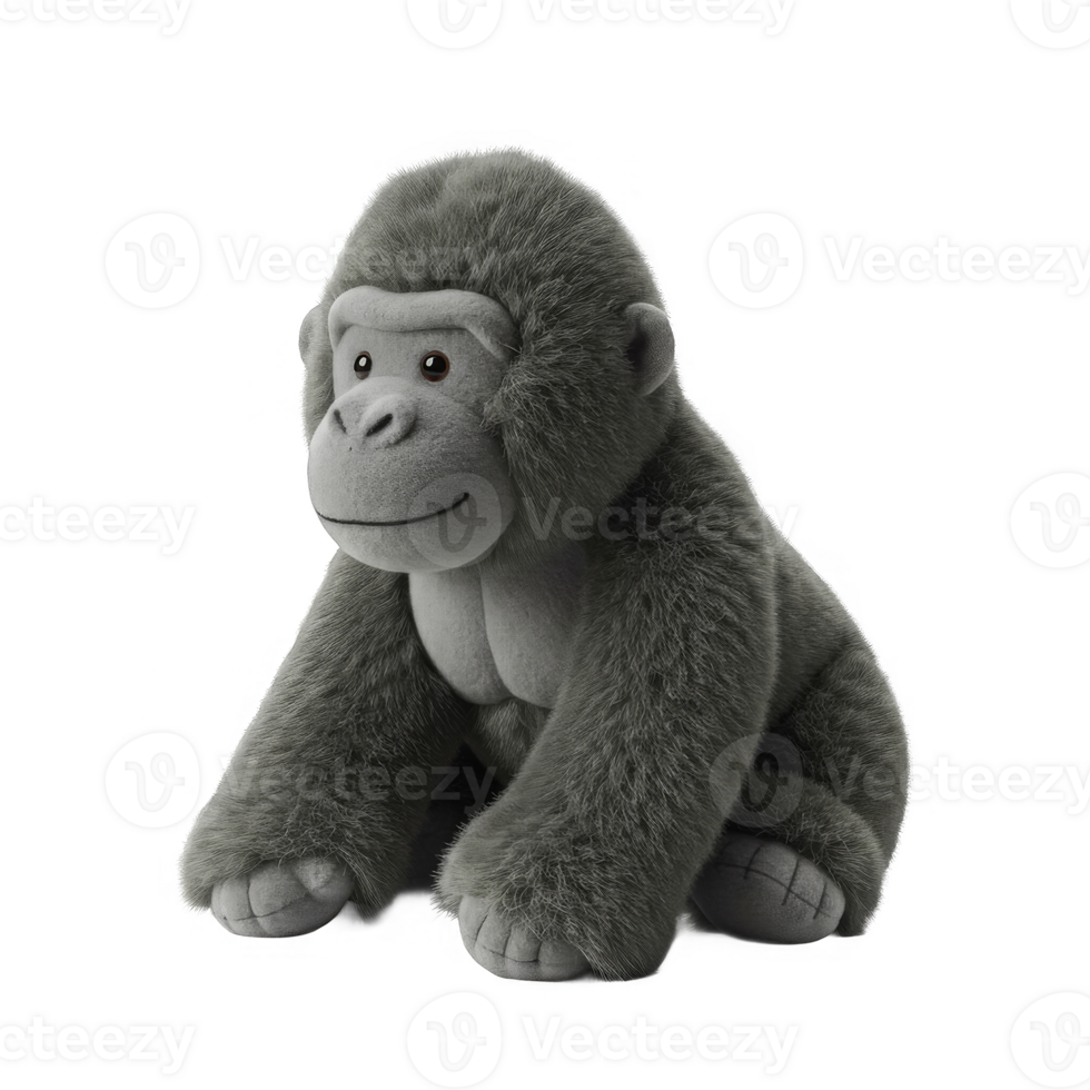 Plush Gorilla Toy Sitting with Transparent Background and Soft Texture and Gray Color Scheme png