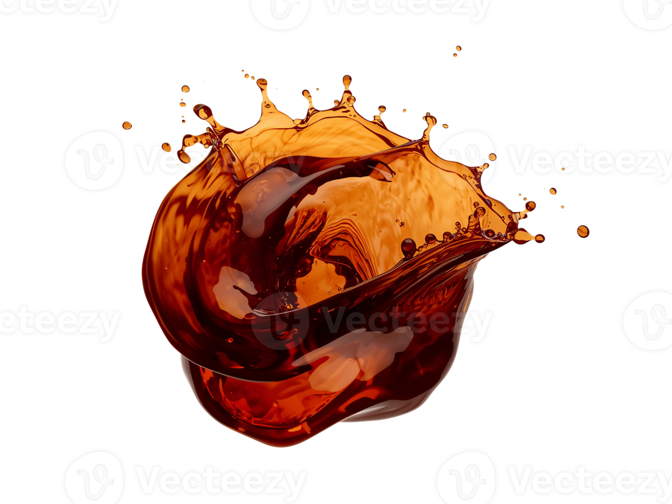 Dynamic amber liquid splash swirling against a transparent backdrop, creating a captivating visual png